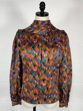 Vintage 80s Shiny Copper Abstract Satin Blouse Bow Back Button Jacquard Floral 4
